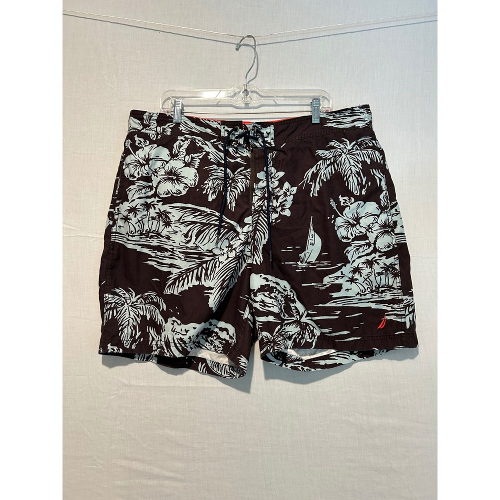 Nautica Mens XL Swim Trunks Brown Tropical Hibiscus Palm Print Board Shorts 2451
